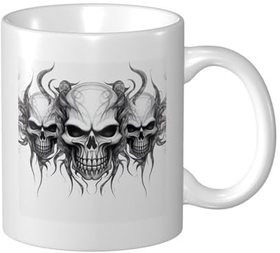 Peiyeety Keramik-Kaffeetasse mit Totenkopf-Tattoo, 340 ml, großes Fassungsvermögen für Büro und Zuhause