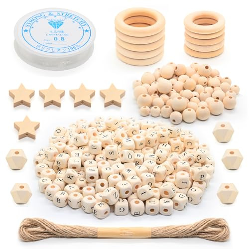 Mispudin 260Pcs Cube Wooden Letter Beads for Crafting + 85 Natural Macrame Bead and Rings Set, A-Z Wooden Alphabet Beads Square 10mm with 15 Mixed Spacer Bead for Jewelry Making, Bracelets, Crafts