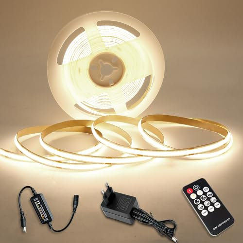 COB LED Streifen Warmweiss 10M, LED Stripe Dimmbar 24V 3000K, lichtband led selbstklebend Wasserdicht IP44, Lichtleiste mit Netzteil und Controller für Unterbau, TV Küche Wohnzimmer DIY (4000k, 10m)