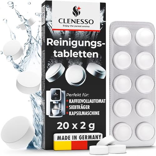 CLENESSO Reinigungstabletten Kaffeevollautomaten (20 Stück) – Kaffeevollautomat Reinigungstabletten kompatibel mit Siemens EQ Series, Jura, Krups, Sage, Melitta, Nivona, Phillips, WMF uvm.