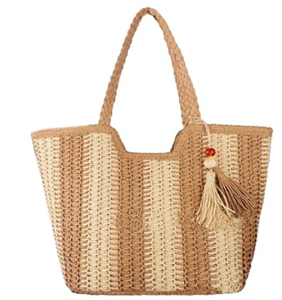 CXINLky Women's Striped Straw Shoulder Bag, Summer Large Straw Shopper Woven Beach Bag with Tassel Pendant, Beige, 49 cm (L) x 33 cm (W) x 15 cm (H)