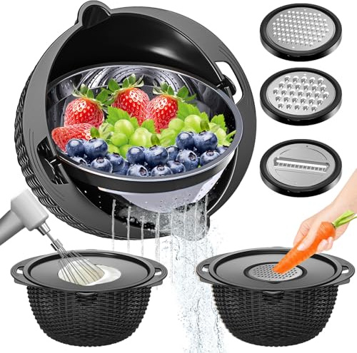 4-in-1 Abtropfsieb-Set mit Schüssel - Abtropfsieb für die Küche - Drehbare Siebe und Abtropfsiebe (patentiert) - Nudelsieb - Schüssel mit Abtropfsieb & Neue verbesserte Reibe für Obst und Gemüse