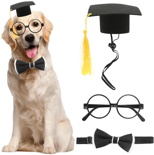 Costume per cosplay per animali domestici, set da 3 pezzi, include cappello per cani con nappa gialla, papillon e occhiali rotondi senza lenti per feste in costume per cuccioli