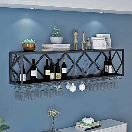 Wine Rack, Retro Upside Down Iron Wine Glass Holder, Multifunctional Wall-Mounted Iron Bottle Holder, for Bars, Restaurants, Kitchens (Color : A, Size : 60 x 25 x 40 cm)