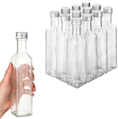 12x Glasflaschen zum Befüllen 250ml Flaschen für Likör Flaschen zum Befüllen Glas Likörflaschen 250 ml leere Flaschen mit Schraubverschluss Glasflasche Likörflasche, Ölflaschen
