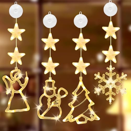 4 Stück LED Fensterdeko Weihnachten, Weihnachtsbeleuchtung Fenster, Weihnachtsdeko Innen mit Saugnäpfe, Schneeflocken, Schneemann, Engel und Weihnachtsbaum Motive, Warmweißes Licht, Batteriebetrieben