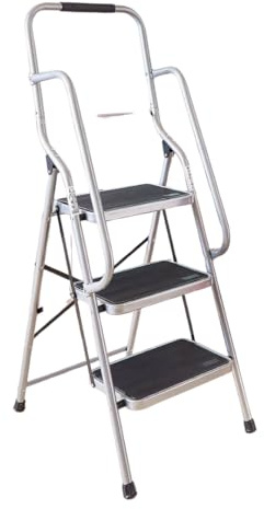 3 Step Folding Safety Ladder with Handrail Silver/Red | Anti-Slip Treads & Feet H146 x W9 x D51cm (Silver)