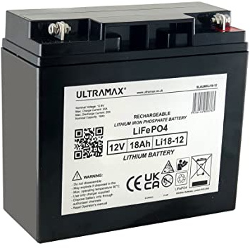Ultramax Li18-12, 12v 18Ah Lithium Iron Phosphate, LiFePO4 Battery, comes with a 12v 3Ah LiFePO4 Lithium Charger