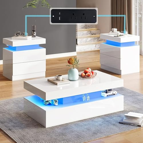 AMERLIFE Modern 3-Piece Table Set for Living Room, White High Gloss Coffee Table with LED Lights, 2 Matching End Side Tables, Nightstand Set with Charging Station
