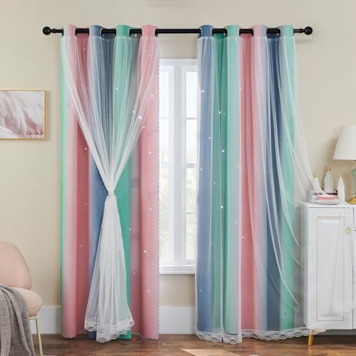 XiDi Tende Oscuranti - Tende Ritagliate a Stelle per Camera da Letto Camerette Bambini Soggiorno Arcobaleno Tendaggi con Occhiello per Finestre, 2 Pannelli 87×160 cm Pinkgreen grey/86/160/2 IT