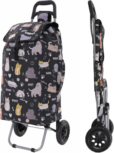 Hoppa Shopping Trolley on Wheels 57L Cats & Dogs Print | Foldable Shopping Cart with Lightweight Frame, Secure Lid & Rear Pocket | Pull Along Trolley for Supermarket & Daily Use | Collapsible Carrier