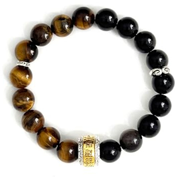 bright & breezy Men's Silver Obsidian & Tiger Eye Bracelet, Feng Shui Wealth Amulet Charm Beaded Bracelet,Inspired by Monkey King Sun Wukong, Bring Fortune & Prosperity