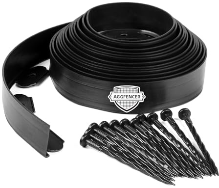 AggFencer Bordo Prato Flessibile 5cm x 7,6m Nero, Plastica. Installazione senza scavo, 46 picchetti inclusi. Per aiuole, giardini, prato