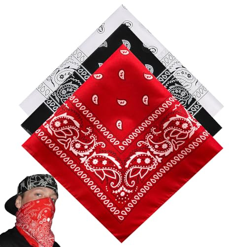 WQEDVN 3 PCS Bandana for Men, Red Bandanas for Women, Black Bandana, Stylish Cowboy Headband Handkerchief, Suitable for Skiing, Running, Role Playing (Red/Black/White)