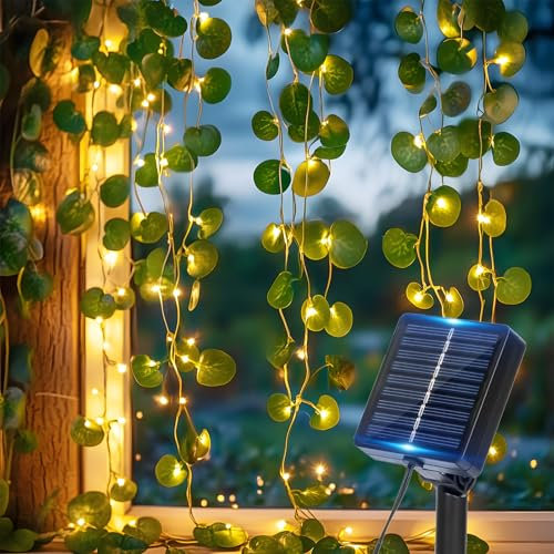 Aigostar Guirnaldas Luces LED Solares 2M+10M, 100 LEDs, Hiedra Artificial con Hojas, IP65 Impermeable, Blanco Cálido. Ideal para Jardín, Terraza, Fiesta
