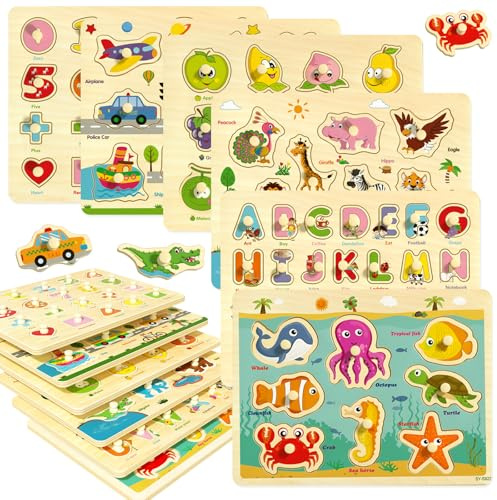 edutree Hölzerne Steckpuzzle für Kleinkinder 3-5, 6 Pack pädagogische Peg Puzzles Montessori Spielzeug, Lernen Puzzles für Kinder Mädchen Jungen 3-5 mit Alphabet Zahl Tier Fahrzeug Form