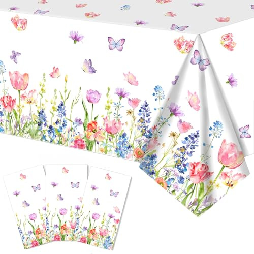 3 Pieces Spring Floral Rectangle Plastic Tablecloth - 54x108 Inch Disposable Wild Flowers Table Cover with Butterflies and Flowers for Garden, Tea Party, Easter, Birthday, and Picnic Decorations