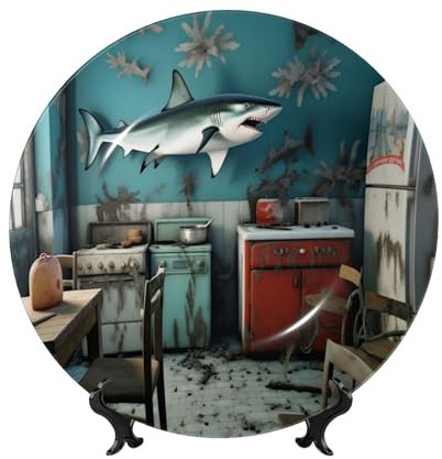 The shark in the background of the old kitchen Bone China Decorative Plate - Luxury Home Decor, Vintage Style, Modern Aesthetics, Unique Patterns, Ideal for Collectors 7in