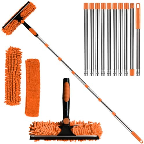 4.5M Window Cleaning Kit,Window Squeegee Cleaning Equipment, Extra Long 2-in-1 Extendable Window Cleaning Equipment with Microfiber Cloth Squeegee Strips for High Windows, Walls & Cars (Orange)