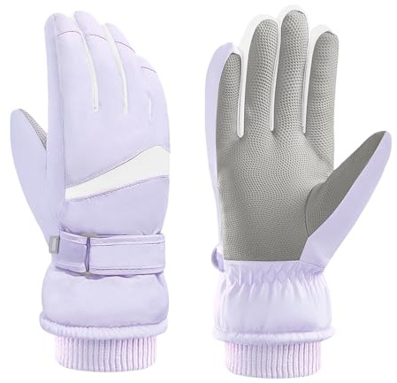 Andiker Damen wasserdichte Skihandschuhe, Winter Touchscreen Thermohandschuhe mit Fleece, winddichter Snowboardhandschuh zum Skifahren, Laufen und Radfahren (Lila-Weiß)