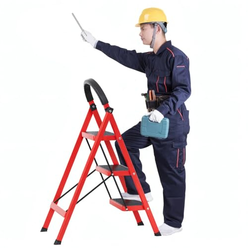 yulewiix 3-stufige Klappleiter, robuster Trittleiter, zusammenklappbarer Tritthocker für Zuhause, Wohnmobil und Outdoor, belastbar bis 150 kg, tragbare Leiter (Rot)