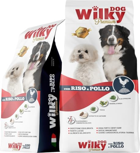 Cibo per cani Wilky Dog Premium, Crocchette con Riso e Pollo per Cani, 15 kg, con yucca e farina di castagna Alimento Completo per Tutte le Età
