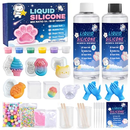 TAVADA Kit per Creare Squishy in Silicone Liquido,Taba Squishy Kit,Gel per Creare I Tuoi Squishie, Senza Bolle e Asciugatura Rapida,con Gelato, gatti, pesce,Zampa di Gatto,Divertente