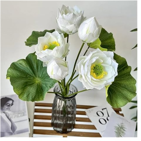 Künstliche Lotusblume Künstlicher Lotus (9 Köpfe/Bündel), 55,9 cm Länge, künstliche Seerose, grünes Blatt for Hochzeit, Zuhause, dekorative Blumen Für Gartenteich, Aquarium, Dekoration(White)