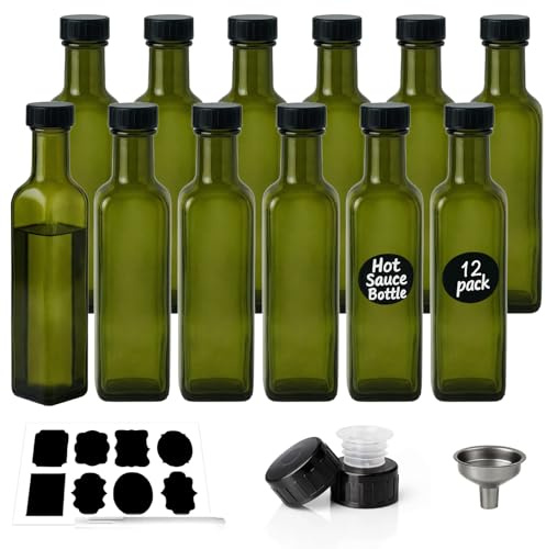 WERTIOO 12er Set Ölflasche 250ml aus Dunkelgrünem Glas, Olivenöl Flasche & Essigflasche mit Schraubdeckel, Lichtschutz Öl & Essig Flaschen zum Abfüllen von Öl, Essig, Dressing, Saucen