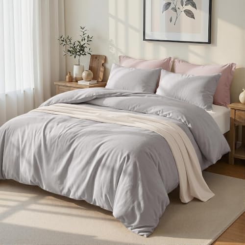 Exclusivo Mezcla Soft Reversible King Size Duvet Cover Set with Pillowcase | 3-Piece, Prewashed Microfiber Bedding Set, Breathable Polyester Bed Quilt Cover with Zip Closure, 220x230cm,Light Grey