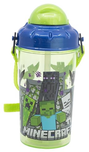 STOR Barnvattenflaska med Sugrör Minecraft 465ml - BPA-fri Plastflaska med Lock och Axelrem för Skola och Sport