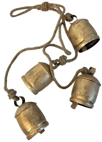 Qomcsrl 4-Teiliges Kuhglocken-Cluster Am Seil, Großes Rustikales Vintage-Kuhglocken-Set zum Aufhängen An der Wand, Kuhglocken Aus Metall, Kuhglocken-Set