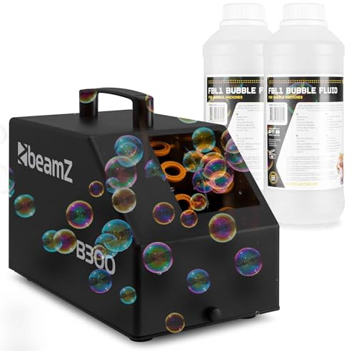 BeamZ B300 Seifenblasenmaschine mit 2L Flüssigkeit, Fernbedienung, 25 Watt | 10.000 Bubbles pro Minute, 2L Seifenblasenflüssigkeit, Luftblasenmaschine, Bubble Machine, Seifenblasen Hochzeit - Schwarz