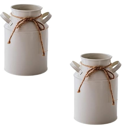 Iron Flower Vase Set of 2,7.48 Inch Farmhouse Rustic Milk Can Jug Vase with Twine Bow,Vintage Flower Vase for Wedding Table Centerpiece, Home Dining Room Decor (White)