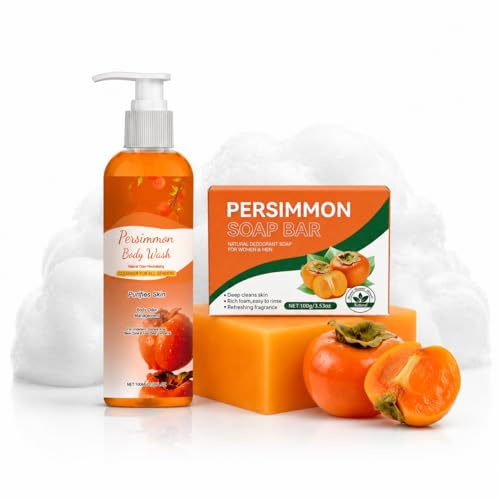 Persimmon Body Wash & Kaki Seife Set – Sanftes Duschgel und Natur Kernseife für Gesicht und Körper, Feste Seife, Tiefenreinigung, Feuchtigkeitsspendend, Frische Hautpflege für Frauen & Männer