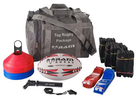 Ram Rugby Training Set 20 Flag Belts, 40 Flags Gripper 2.0 Training Ball, 30 Cones, Pump, Whistle, Carry Bag