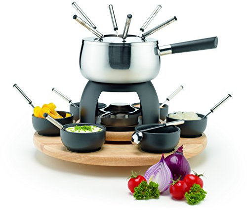 Mäser 931229 - Set di 23 pentole per fonduta in acciaio inox, con paraspruzzi, Rechaud, giostra girevole in legno, forchette da fonduta, ciotole, grigio/nero