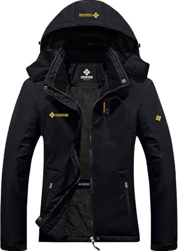 GEMYSE Women's Ski Snow Jacket Warm Winter Waterproof Coat Snowboard Rain Jacket Hooded Windproof Windbreaker（Black,Large）