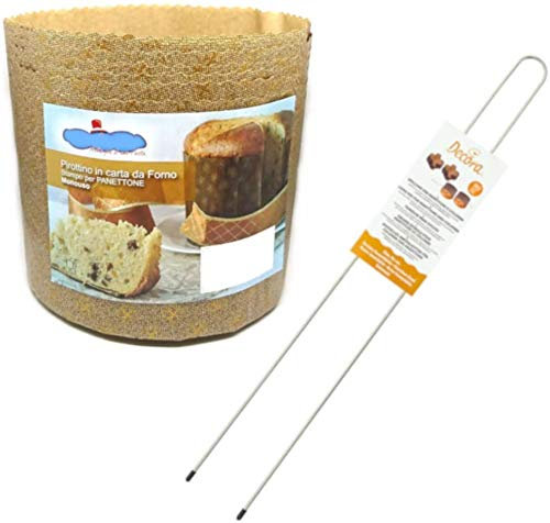 Kit - set Stampo PANETTONE 1kg Alto - 5 pezzi + SPILLONE in acciao INOX 62cm - Pirottino monouso in carta da Forno 1000gr - ideale per Panettoni, Gastronomico, Dolci Natalizi, Pan brioche, Pan dolce