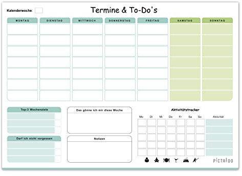 PICTALOO Wochenplaner Block 50 Blatt inkl. Aktivitätstracker, Wochenzielen und Notizen, ohne Datum, praktischer Terminplaner und To-Do-Liste, Tagesplaner, DIN A4 (blau/grün)