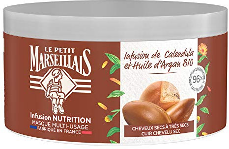 Le Petit Marseillais , Masque 4 en 1 Nutrition Intense Huile d'Argan Bio (pot de 300 ml) – Masque pour cheveux très secs efficacité 48 h sans silicone – Masque capillaire 96 % d'origine naturelle