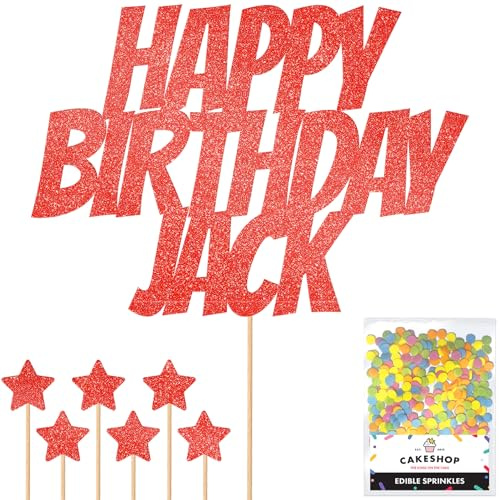Personalised Happy Birthday Glitter Cake Topper - Red Any Name Glitter Cake Decoration Comic and Sprinkles - Happy Birthday Decorations - Personalised Toppers for Cakes by Cakeshop