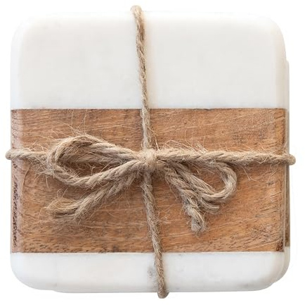 Creative Co-Op Lot de 4 Dessous de Verre en marbre et Bois d'acacia, Blanc et Naturel, 10,2 cm