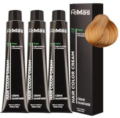 FemMas Hårfärg 3 x ljusblond guld intensiv 8,33 I creme hårfärg med arganolja, keratin och ceramider I permanent hårfärg eller nyans för strålande färgresultat I 100 ml