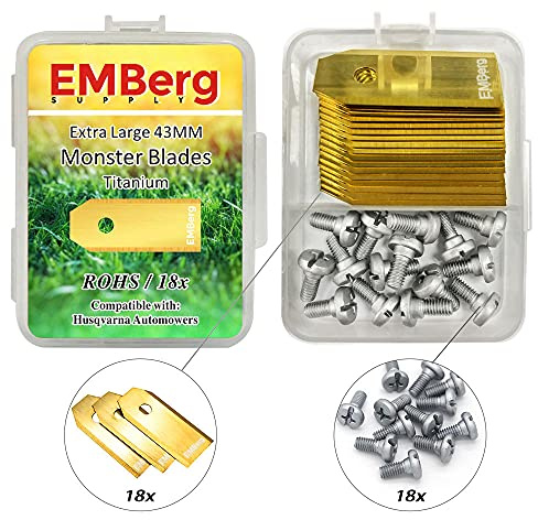 EMBerg Monster XL Blades (18 Pack) for Husqvarna Automower Gardena Mcculloch Robotic Lawnmower Mowing Auto Lawn Mower Robo Robot Replacement Blade for 315 430 435 450 and many other models. (Titanium)
