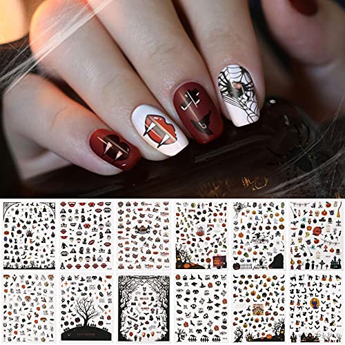 EBANKU 12 Stück Halloween Nagelsticker, Enthält 1500+ Muster | 3D Selbstklebende Kürbis Spinne Skelett Gespenstische Hexe Designs Nageldekoration für Partys