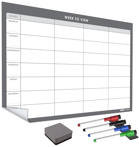 TMS Planning mural réutilisable – Affichage hebdomadaire et planificateur familial – Tableau blanc auto-adhésif réutilisable amovible et repositionnable pour la maison et le bureau (gris, A2)