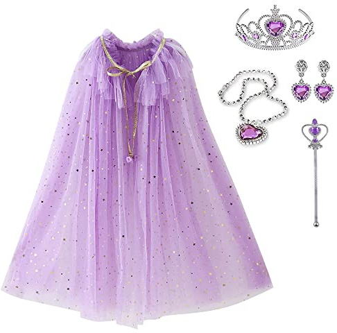 skyllc Cape de princesse pour enfants, paillettes de cape en tulle pour les filles, princesse de cape de paillettes avec des boucles d'oreilles collier couronne baguette magique(Violet)