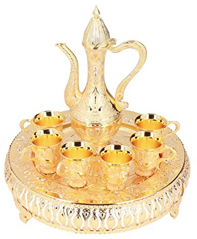 Hztyyier Vintage Turkish Coffee Set, Metal Teapot with 6 Cups and Decorative Tray, Traditional Wedding Gift