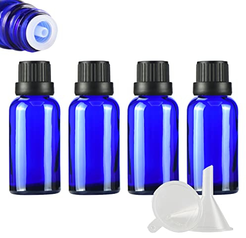ZEOABSY 4 Stück Leer 30ml Braunglas Flasche mit Tropfmontur Originalitätsverschluss, Tropfflasche Blau mit Schwarz Schraubverschluss Glasflaschen für Ätherisches Öle Essenzen Aromatherapie